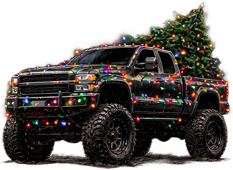 A black lifted pickup truck covered in Christmas lights with a decorated tree in the bed